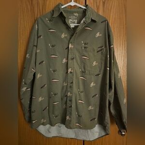 Vintage Wrangler Mens Fishing Lures  Pattern Long Sleeve Shirt Green